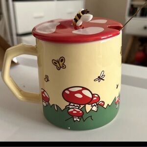 Mushroom Mug with Red Lid and Gold-Toned Spoon